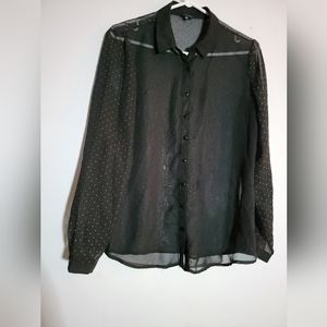 Ispiri Black Sheer Gold Colour Dots Button Down Shirt Size Medium/10